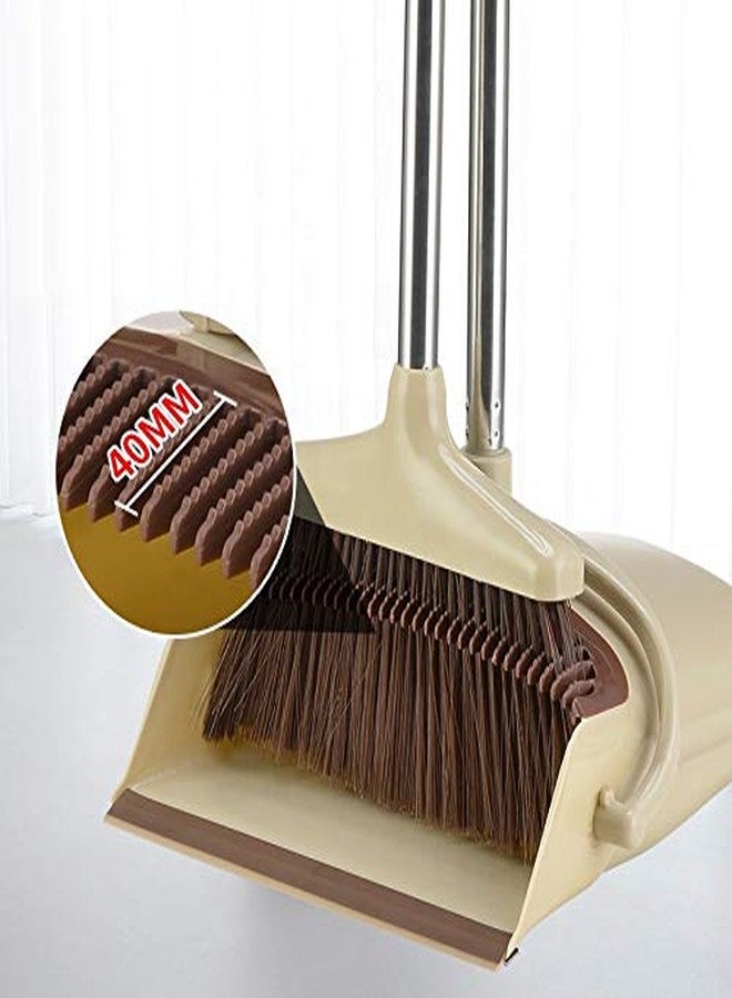 Yorten Stand Up Dustpan Set Brooms and Fibber and Metal with Long Handle Kitchen Magic Combo Set for Lobby Broom with Dustpan for Floor Cleaning Schools Hotel Hospital (Light Brown) - Image 1
